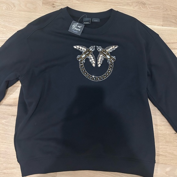 Pinko Logo Embellished Long-Sleeved Sweatshirt Black Gold Silver Size M - Picture 3 of 4